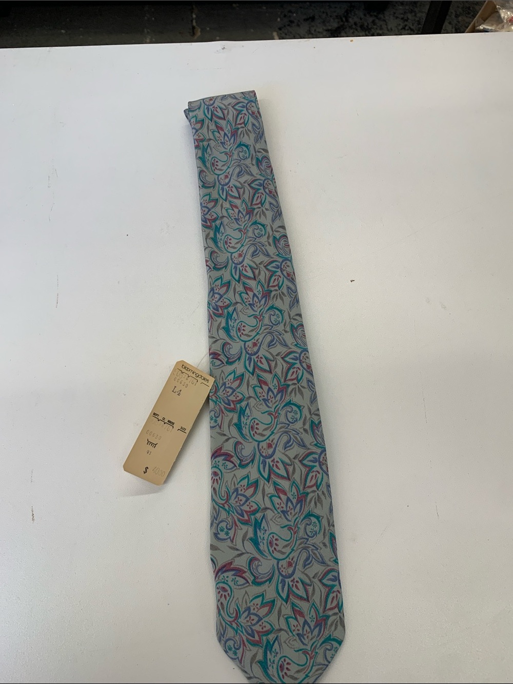 Fendi Grey Silk Tie with Teal, Purple and Pink Paisley